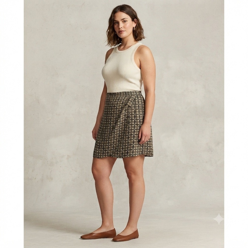 Banana Republic Plaid Mini Skirt A-Line Lined‎ Rayon Dark Academia Tan Black 14